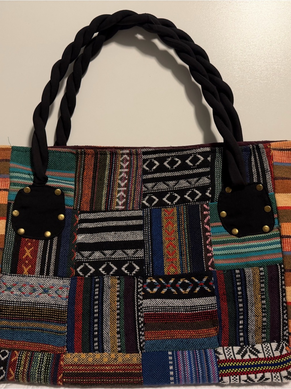 Bohemian Patchwork Zipper Tote Bag Black Braided Handles